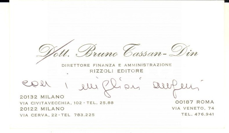 1980 ca MILANO Biglietto Bruno TASSAN - DIN direttore finanza RIZZOLI *AUTOGRAFO