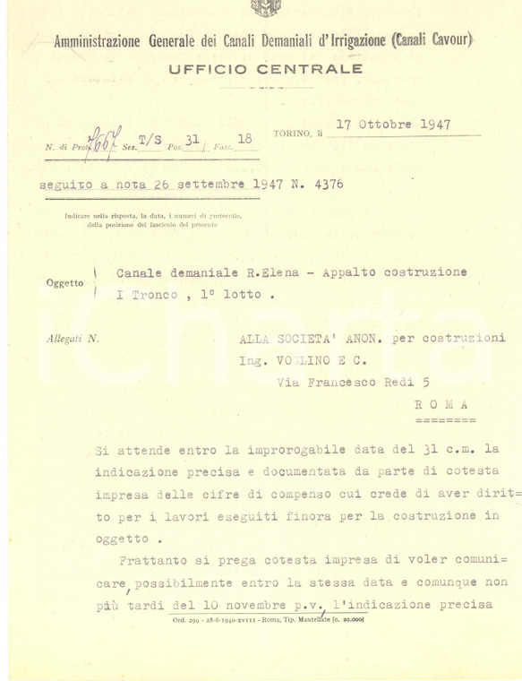 1947 TORINO Amministrazione CANALI CAVOUR - Lettera per canale REGINA ELENA