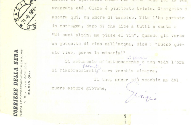 1964 SACILE Lettera giornalista Giorgio SANSA sulla famiglia - Autografo