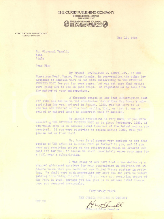 1924 PHILADELPHIA Letter THE CURTIS PUBLISHING Company - Subscription Service