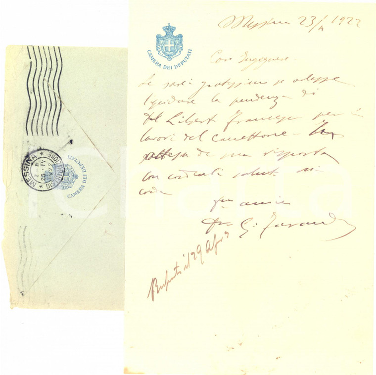 1922 MESSINA Lettera on. Giuseppe FARANDA per liquidazione pendenza - AUTOGRAFO