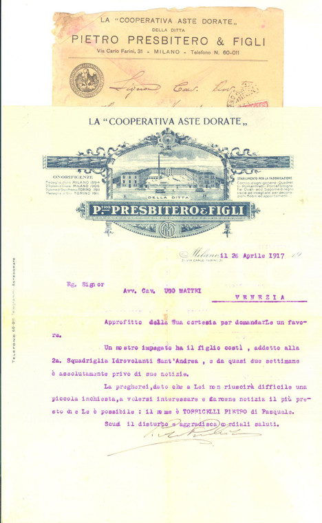 1917 MILANO Ditta Pietro PRESBITERI Cooperativa ASTE DORATE - Lettera