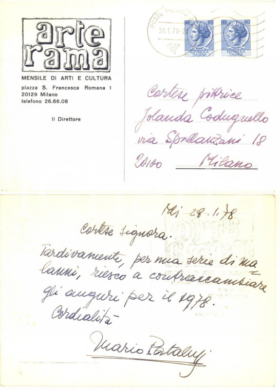 1978 MILANO ARTERAMA Cartolina Mario PORTALUPI direttore - Autografo FG VG