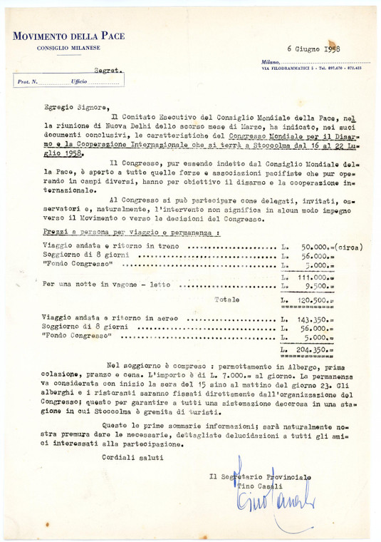 1958 MILANO Movimento della Pace - Lettera Tino CASALI segretario - Autografo