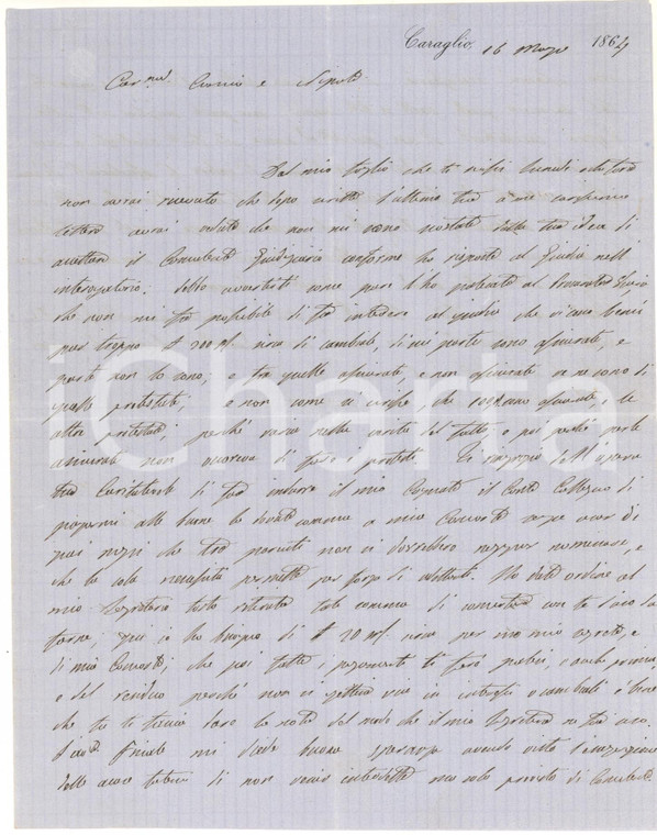 1864 CARAGLIO Pio D'AGLIANO su mediazione con il conte Collegno - AUTOGRAFO