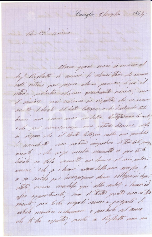 1864 CARAGLIO Conte Pio D'AGLIANO in lite con il conte di Collegno - AUTOGRAFO