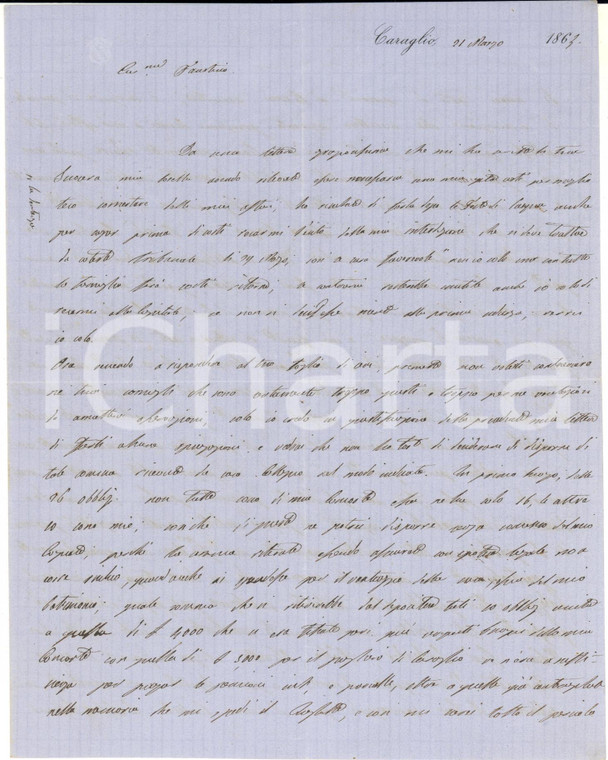 1864 CARAGLIO Conte Pio D'AGLIANO a Faustino ROCCI su obbligazioni - AUTOGRAFO