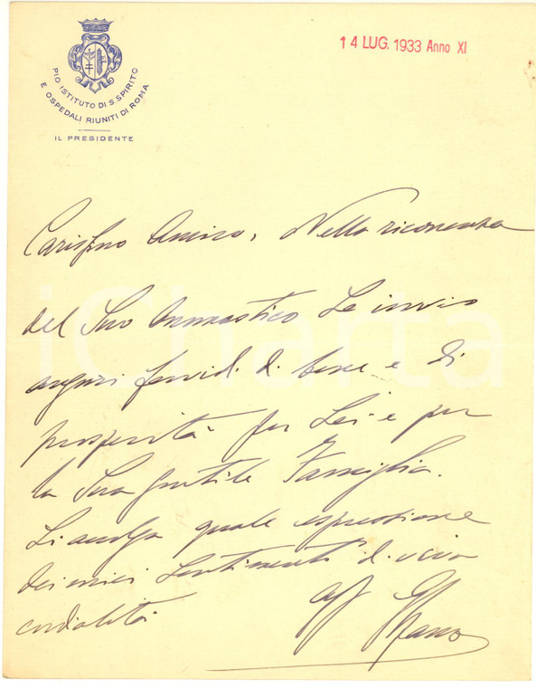 1933 ROMA Ospedali Riuniti - Lettera presidente Giuseppe SPANO - AUTOGRAFO