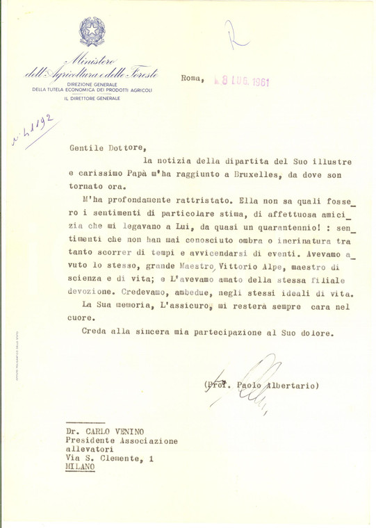 1961 ROMA Ministero dell'Agricoltura - Lettera prof. Paolo ALBERTARIO *AUTOGRAFO