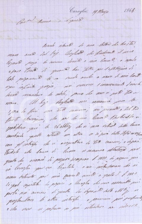 1864 CARAGLIO Conte Pio D'AGLIANO sulla riscossione di denaro - AUTOGRAFO