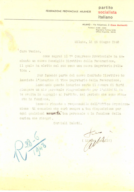 1948 MILANO Partito Socialista - Lettera Libero CAVALLI per direttivo *AUTOGRAFO