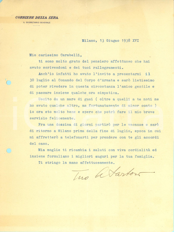 1938 MILANO CORRIERE DELLA SERA Arnaldo SARTORI segretario generale - Autografo