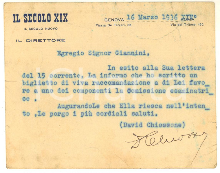 1936 GENOVA IL SECOLO XIX Biglietto David CHIOSSONE - AUTOGRAFO DANNEGGIATO