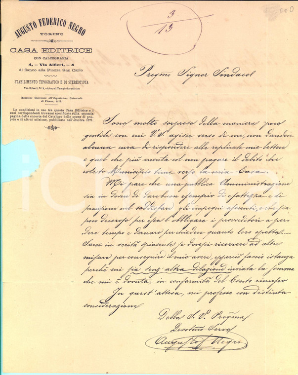 1876 TORINO Lettera editore Augusto Federico NEGRO per reclamo saldo - AUTOGRAFO