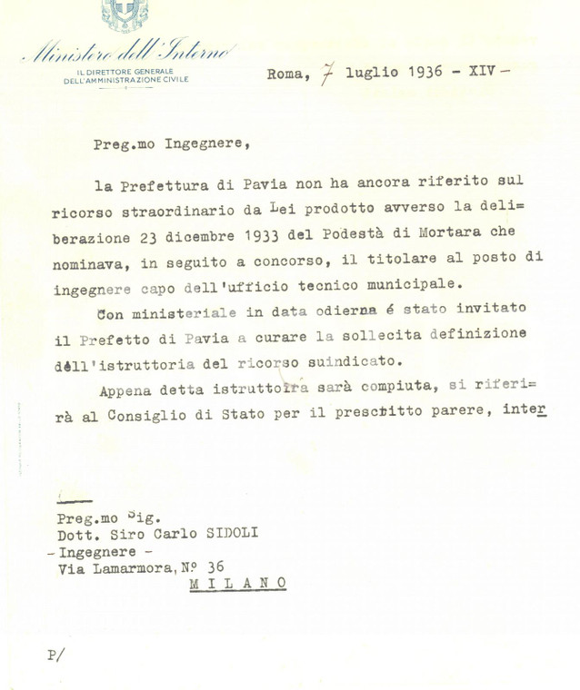 1936 ROMA Lettera Bruno FORNACIARI per ricorso Siro Carlo SIDOLI - AUTOGRAFO