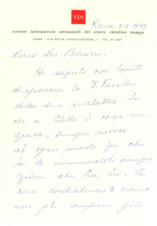 1959 ROMA S.I.S. Lettera mons. Fausto VALLAINC per malattia sacerdote *AUTOGRAFO