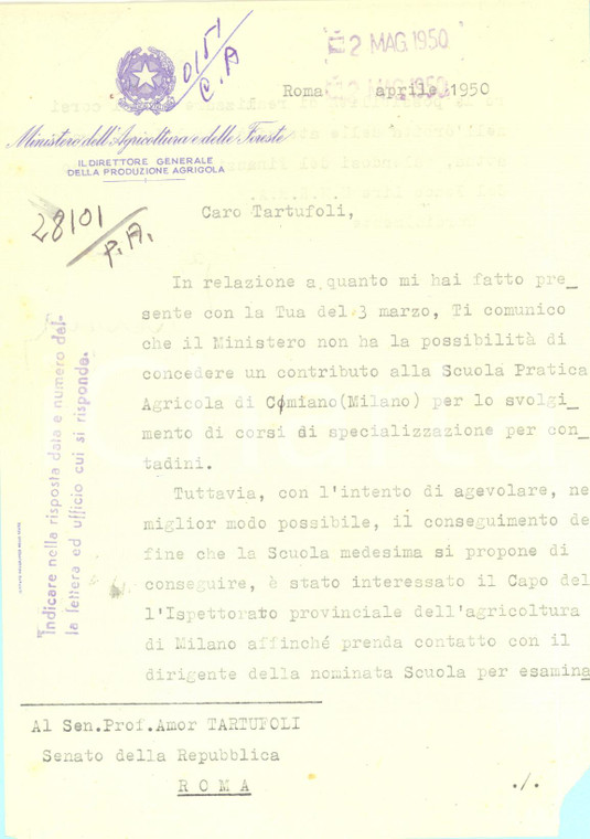 1950 ROMA AGRICOLTURA Lettera direttore Aurelio CARRANTE per sussidio *AUTOGRAFO