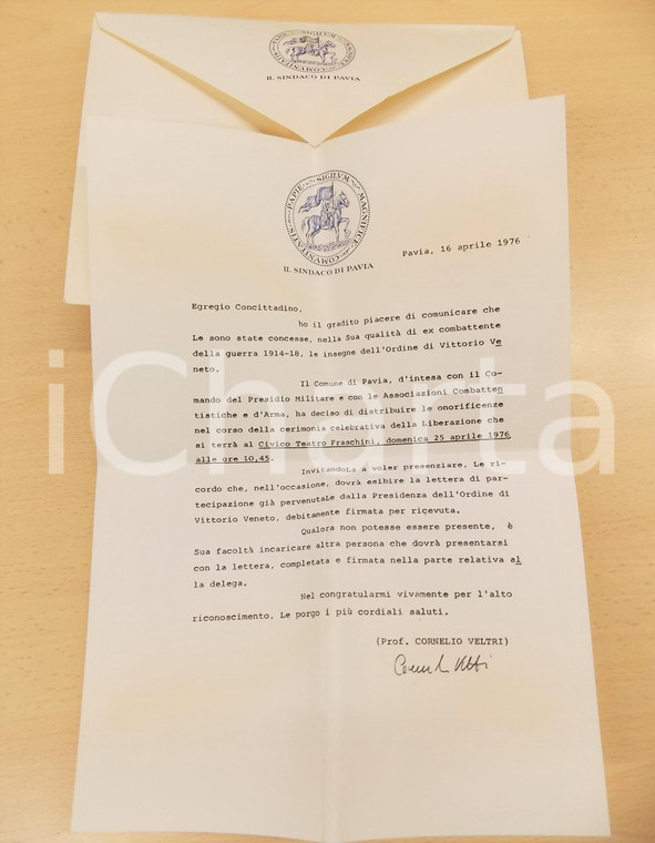 1976 PAVIA Lettera sindaco Cornelio VELTRI per Ordine Vittorio Veneto *AUTOGRAFO