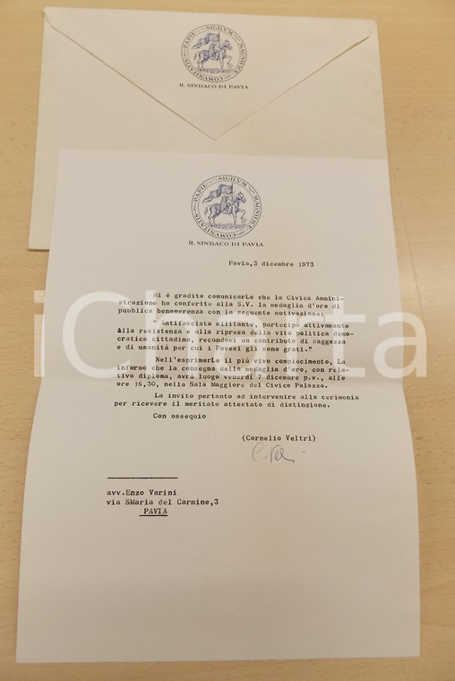 1973 PAVIA Lettera sindaco Cornelio VELTRI per medaglia d'oro - AUTOGRAFO