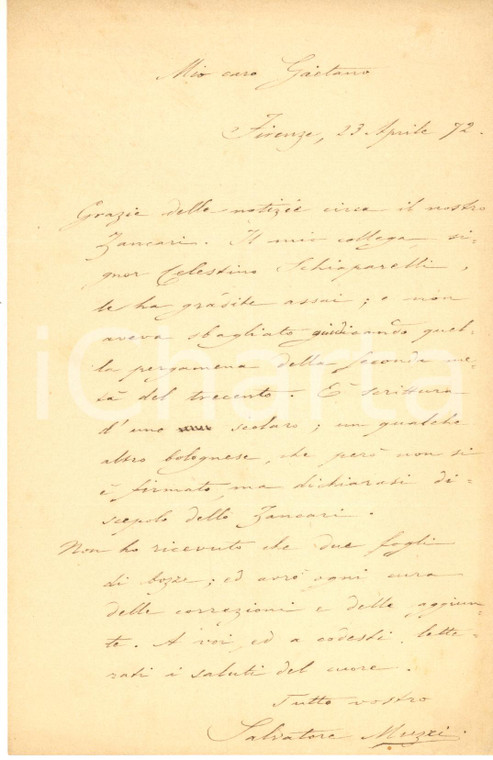 1872 FIRENZE Lettera di Salvatore MUZZI su datazione pergamena - AUTOGRAFO