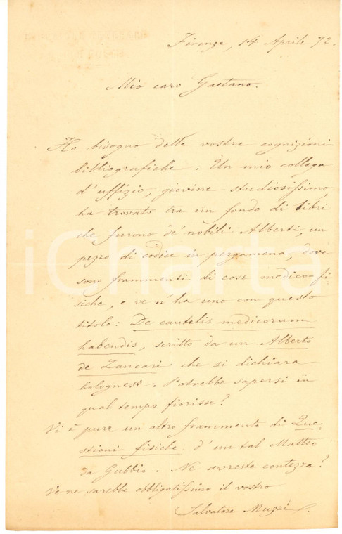 1872 FIRENZE Lettera di Salvatore MUZZI per consulenza su pergamena - AUTOGRAFO