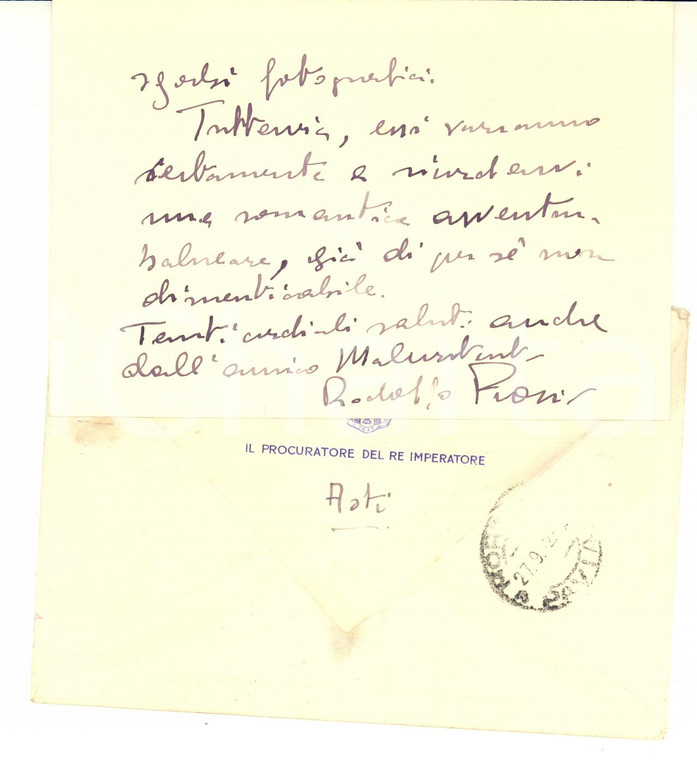 1942 ASTI Biglietto del Procuratore del Re Imperatore per invio foto - AUTOGRAFO