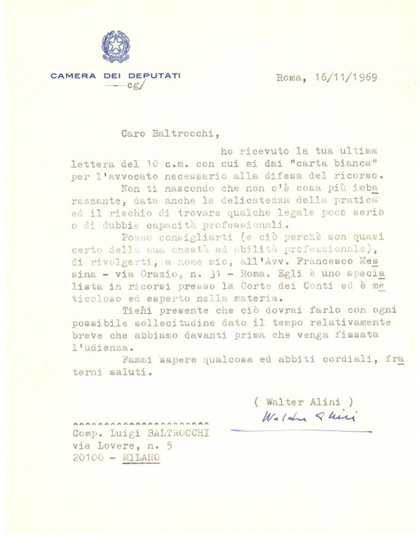 1969 ROMA Lettera on. Walter ALINI per consiglio su avvocato - AUTOGRAFO