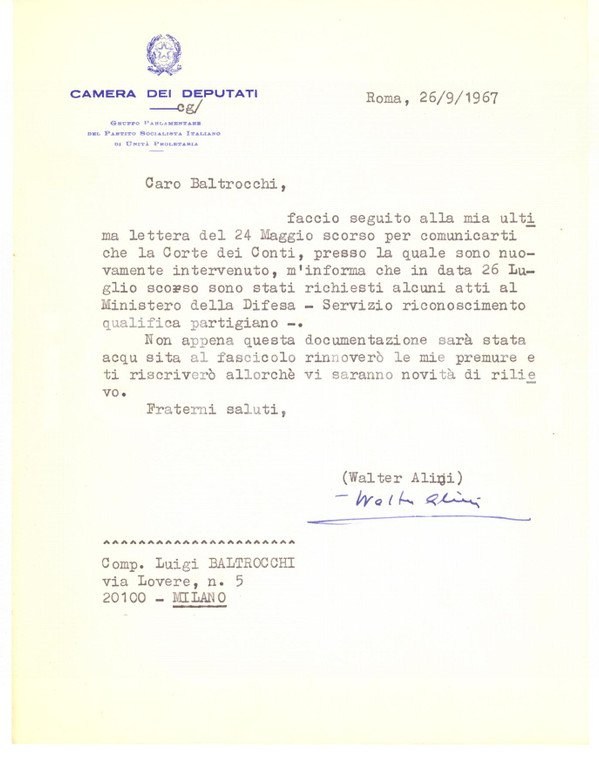 1967 ROMA Lettera on. Walter ALINI per atti Ministero della Difesa - AUTOGRAFO
