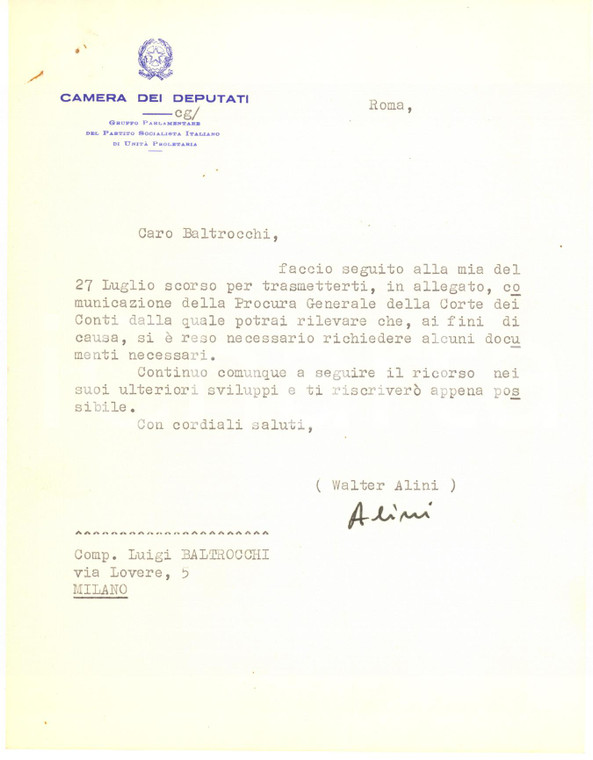 1970 ca ROMA Lettera on. Walter ALINI per ricorso Corte dei Conti *AUTOGRAFO
