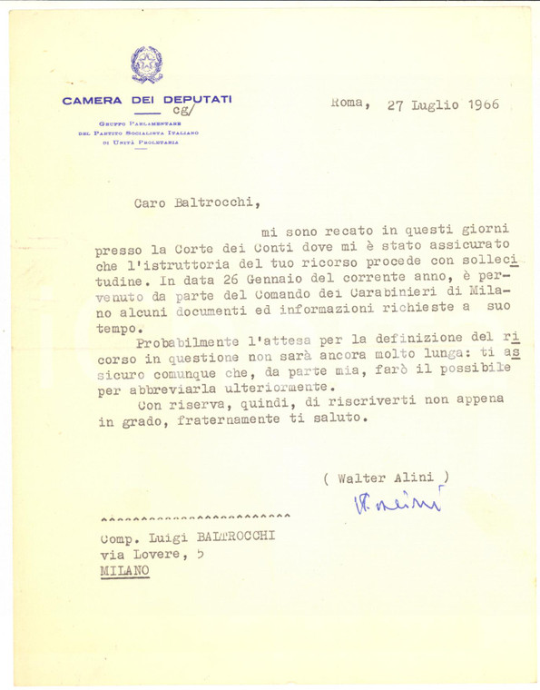 1966 ROMA Lettera on. Walter ALINI per ricorso di un amico - AUTOGRAFO