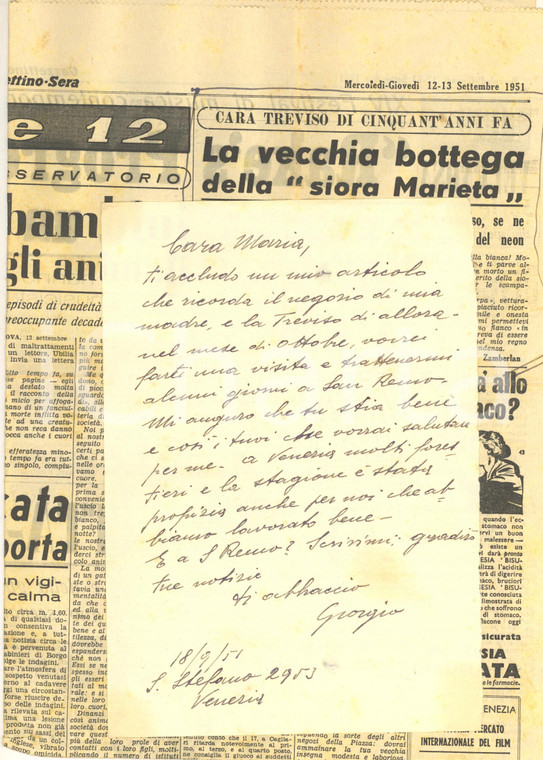 1951 VENEZIA Lettera Giorgio ZAMBERLAN per articolo vecchia Treviso - AUTOGRAFO