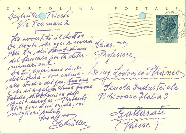 1959 TRIESTE Cartolina Giuseppe MULLER a Lodovico Straneo *AUTOGRAFO DANNEGGIATO