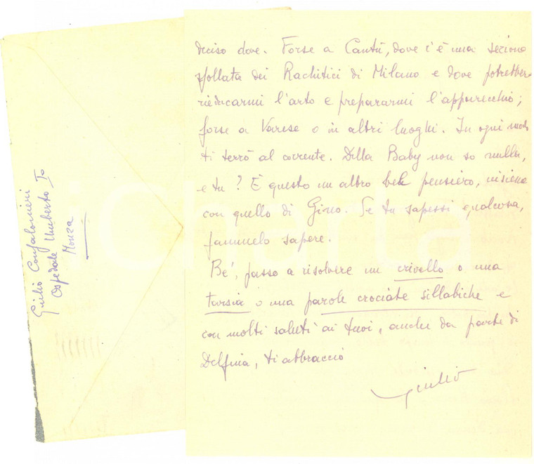 1943 MONZA Lettera musicista Giulio CONFALONIERI in convalescenza - AUTOGRAFO