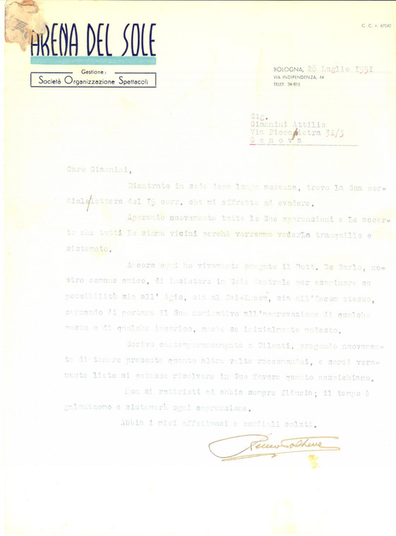 1951 BOLOGNA ARENA DEL SOLE Lettera per ingaggio di Attilio Giannini