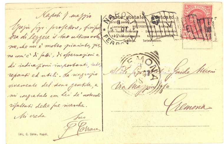 1908 NAPOLI Francesco TORRACA si congratula con Guido MUONI - AUTOGRAFO FP VG