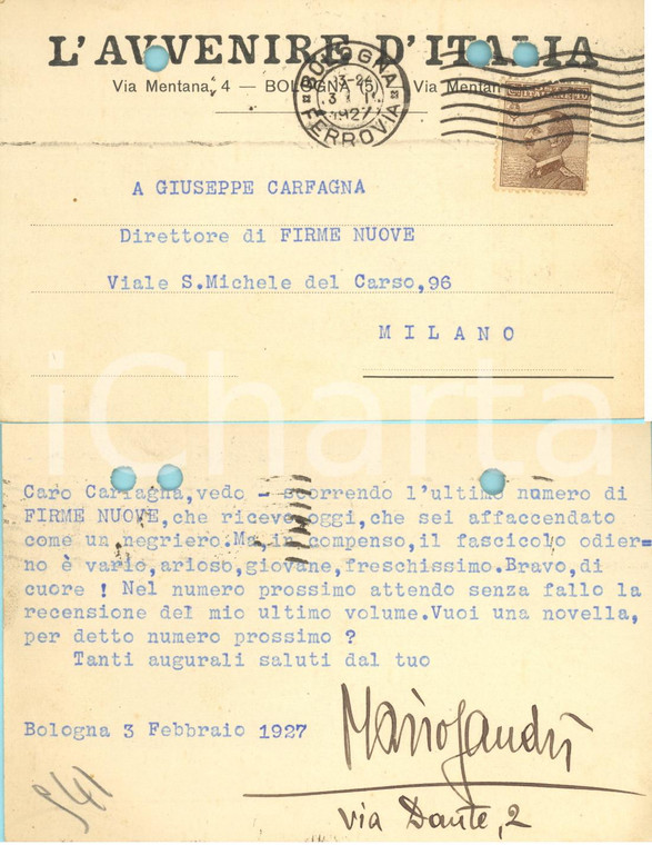 1927 BOLOGNA L'AVVENIRE D'ITALIA Cartolina Mario SANDRI - AUTOGRAFO FP VG