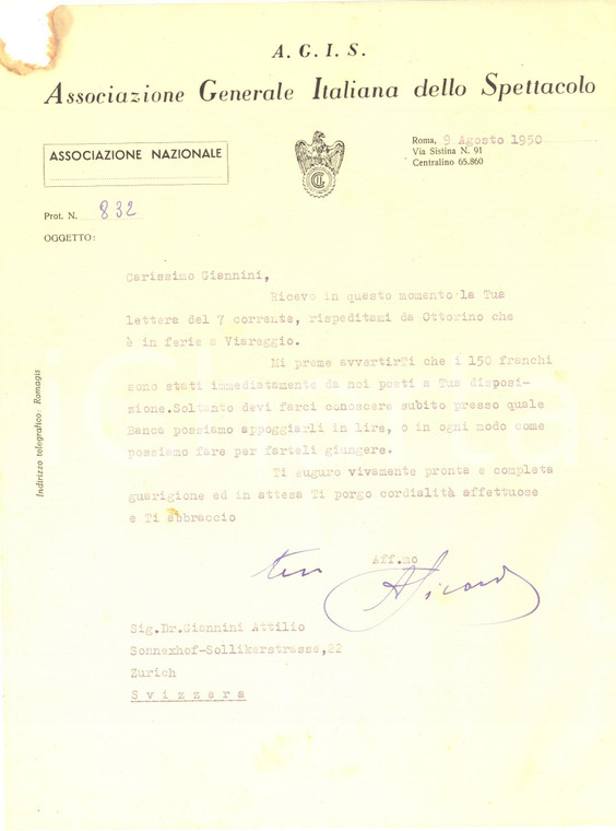 1950 ROMA AGIS Lettera Augusto PICARDI ad Attilio Giannini AUTOGRAFO DANNEGGIATO