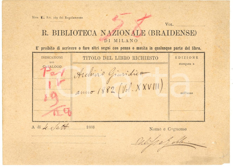 1888 MILANO Biblioteca BRAIDENSE - Modulo Ulisse GOBBI per libro - Autografo