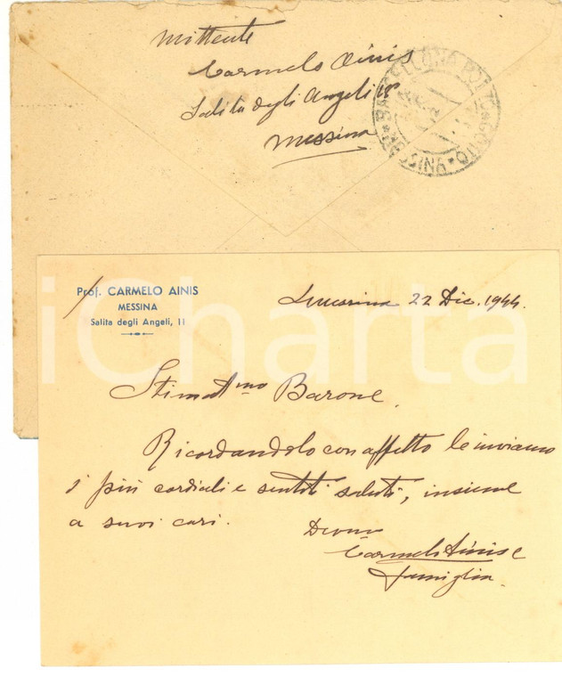 1944 MESSINA Biglietto prof. Carmelo AINIS per ricordo - AUTOGRAFO