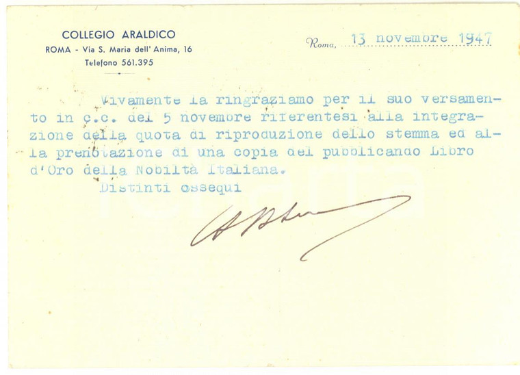 1947 ROMA COLLEGIO ARALDICO Cartolina per Libro d'Oro della Nobiltà Italiana