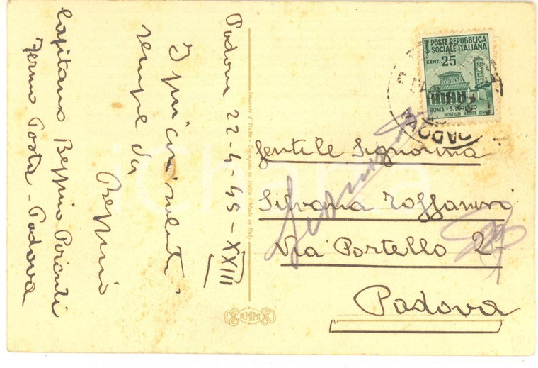 1945 PADOVA Cartolina cap. Giuseppe PIRONTI scrittore - AUTOGRAFO FP VG