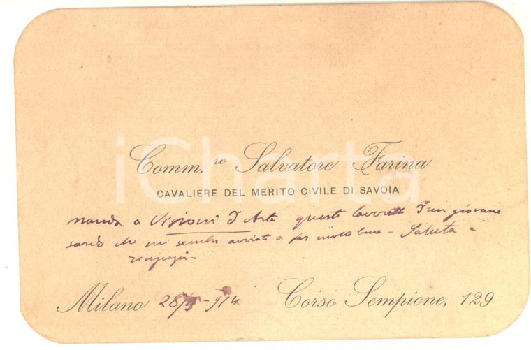 1914 MILANO Salvatore FARINA - Biglietto da visita con messaggio AUTOGRAFO