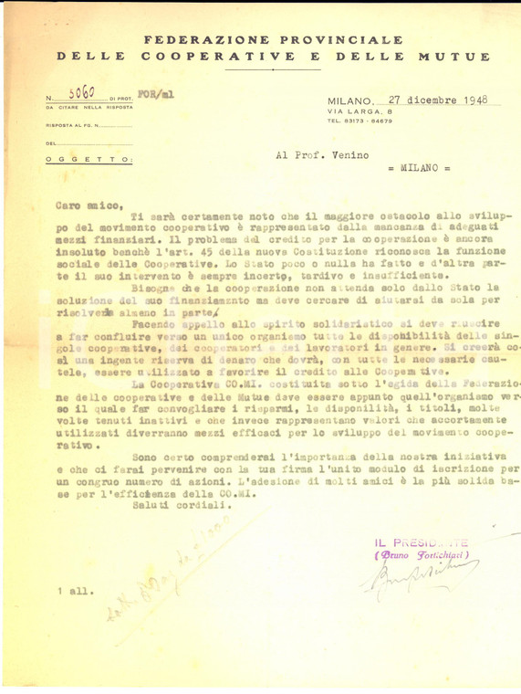 1948 MILANO Bruno FORTICHIARI - Federazione Provinciale Cooperative - AUTOGRAFO
