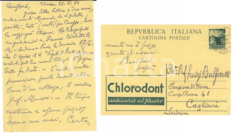 1951 VARESE Cartolina Domenico BULFERETTI al figlio per recensione - AUTOGRAFO