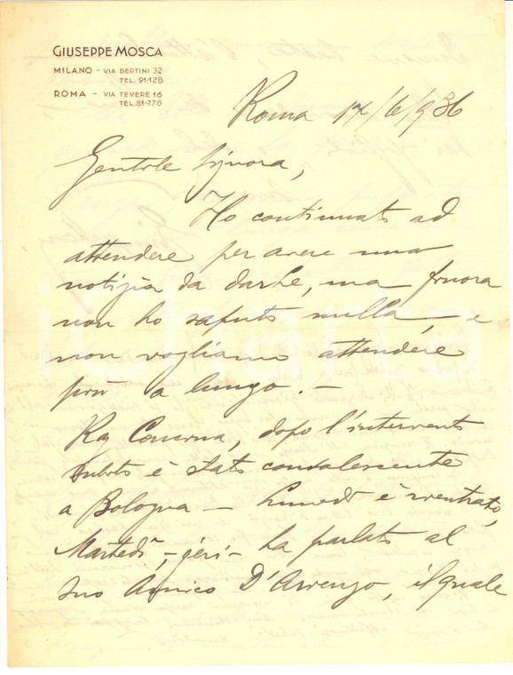 1936 ROMA Lettera gr. uff. Giuseppe MOSCA per invito a casa - AUTOGRAFO