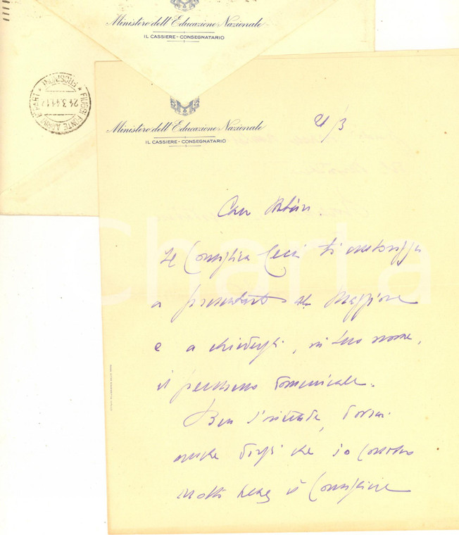 1941 ROMA Ministero dell'Educazione Nazionale - Lettera cassiere consegnatario