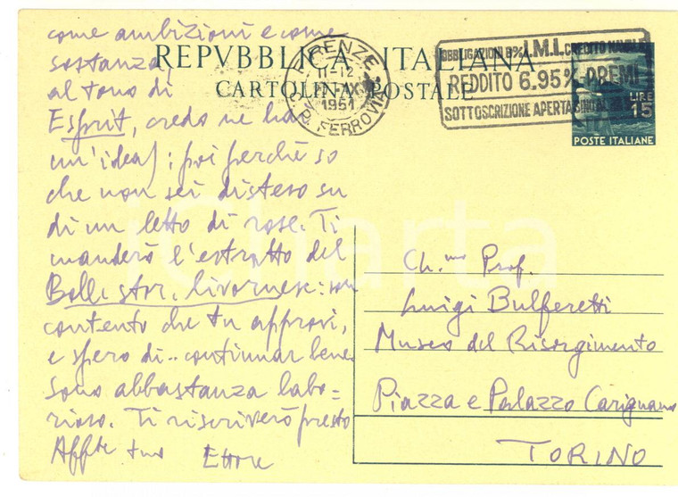 1951 FIRENZE Ettore PASSERIN D'ENTREVES a Luigi Bulferetti per rivista AUTOGRAFO