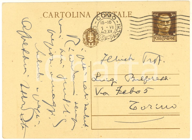 1942 COMO Cartolina Ettore ROTA per ringraziamento a un collega - Autografo