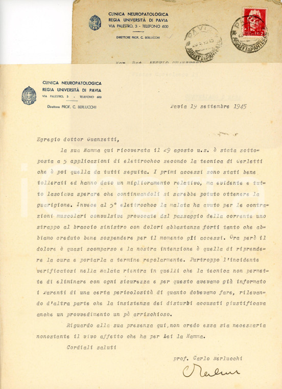 1945 Università PAVIA Prof. Carlo BERLUCCHI Clinica Neuropatologica - Autografo
