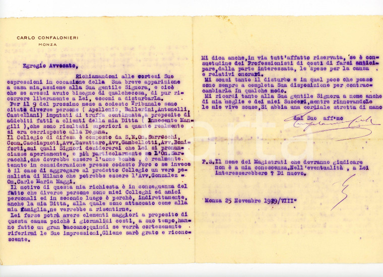 1929 MONZA Lettera Carlo CONFALONIERI per un processo in corso - AUTOGRAFO